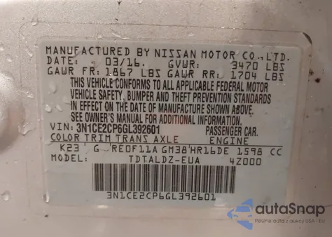 2016 Nissan Versa Note S (Sr)/S Plus/Sl/Sr/Sv z USA, uszkodzony, nr VIN 3N1CE2CP6GL392601